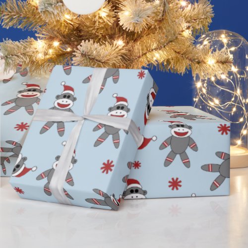 Sock Monkey With Santa Hat Blue Christmas Holidays Wrapping Paper