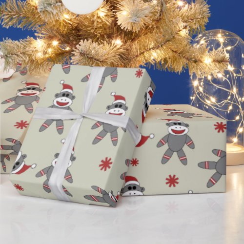 Sock Monkey With Santa Hat Christmas Holidays Wrapping Paper