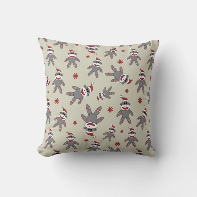 Sock Monkey with Santa Hat Christmas Pattern Throw Pillow (Front)