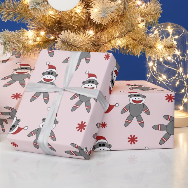 Sock Monkey With Santa Hat Pink Christmas Holidays Wrapping Paper (Holidays)