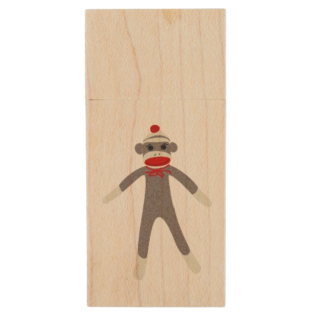 Sock Monkey Wood USB Flash Drive (Front Vertical)