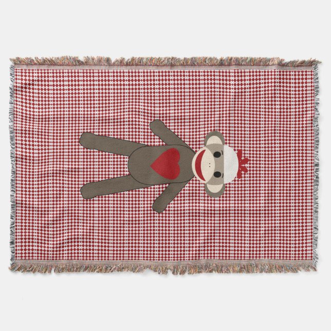 sock monkey woven blanket on red pattern (Front)