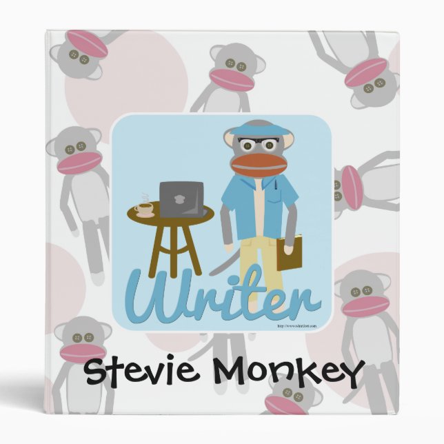 Sock Monkey Writer Deluxe Cartoon Design 3 Ring Binder (Front)