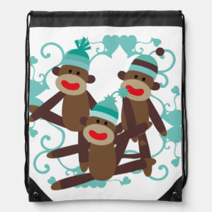 Sock Monkeys Blue Drawstring Bag