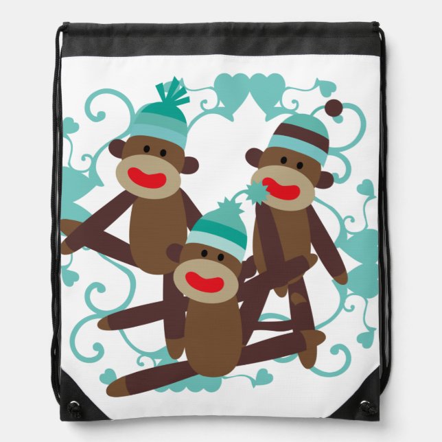 Sock Monkeys Blue Drawstring Bag (Front)