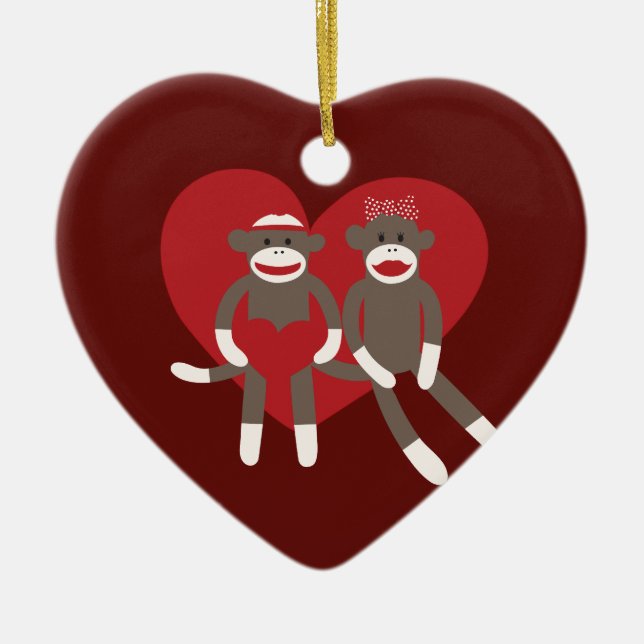 Sock Monkeys in Love Hearts Valentine's Day Gifts Ceramic Ornament (Front)