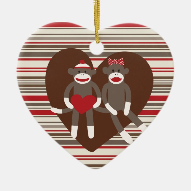 Sock Monkeys in Love Valentine's Day Heart Gifts Ceramic Ornament (Front)