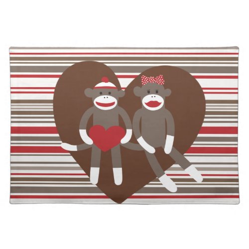 Sock Monkeys in Love Valentines Day Heart Gifts Cloth Placemat