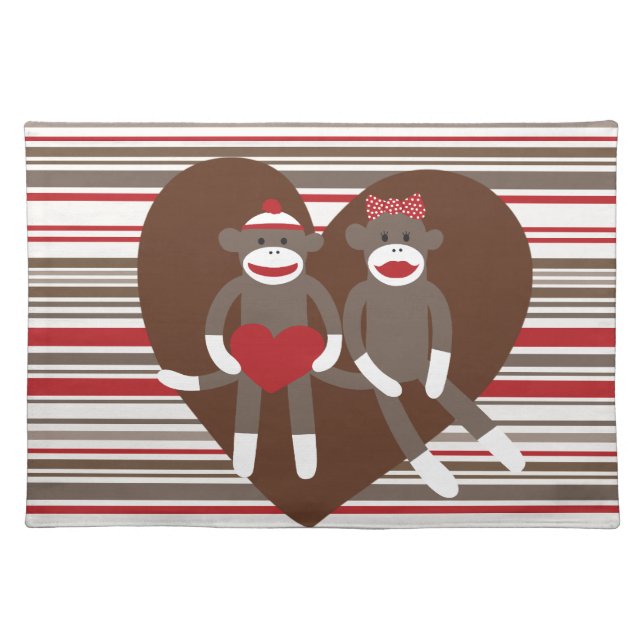 Sock Monkeys in Love Valentine's Day Heart Gifts Cloth Placemat (Front)