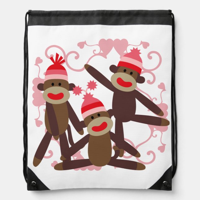 Sock Monkeys Pink and Red Drawstring Bag (Front)