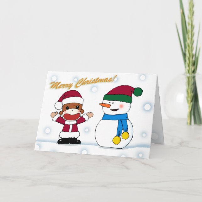 Sockmonkey and Snowman Greeting Card (Front)