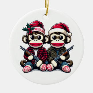 SockMonkey Hunter Brothers At Christmas Ceramic Ornament