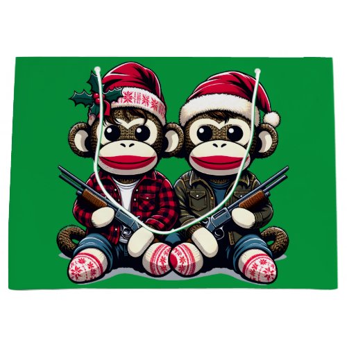 SockMonkey Hunter Brothers At Christmas Large Gift Bag