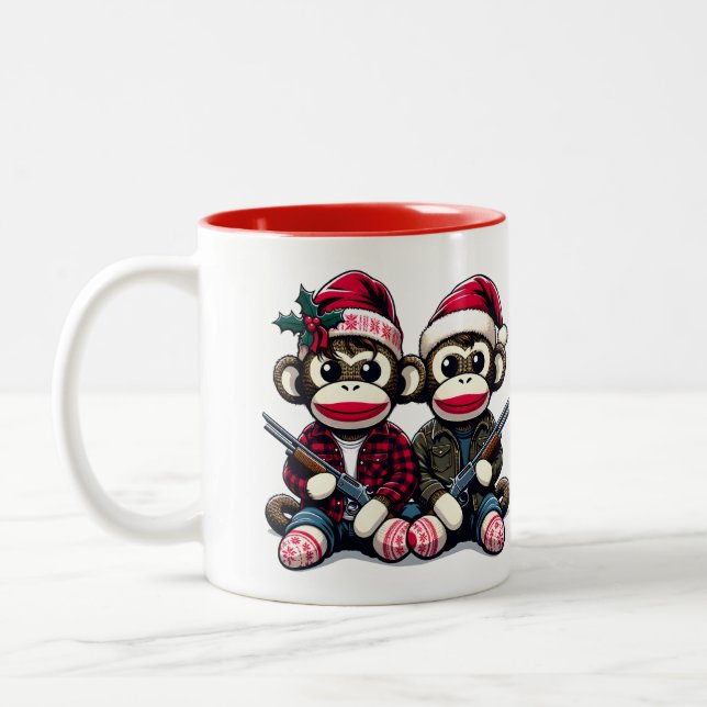SockMonkey Hunter Brothers At Christmas Two-Tone Coffee Mug (Left)