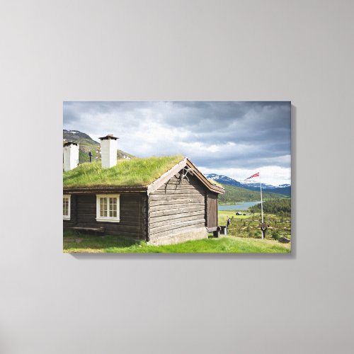 Sod roof log cabin in Norway canvas