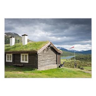 Sod roof log cabin in Norway photo print