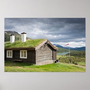 Sod roof log cabin in Norway poster