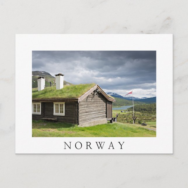 Sod roof log cabin in Norway white text postcard (Front)