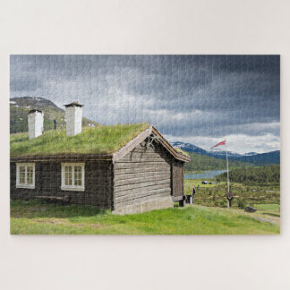 Sod roof log cabin in Norway wilderness Jigsaw Puzzle