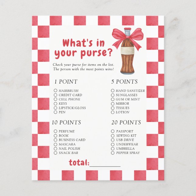 Soda baby shower - What's in your purse game (Front)