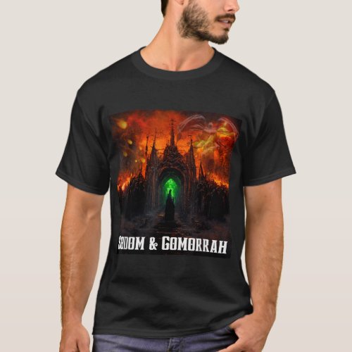 Sodom and Gomorrah City Burns With Angel and Churc T_Shirt