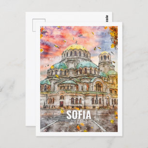 Sofia Bulgaria Famous Travel Watercolor Sketch Postcard