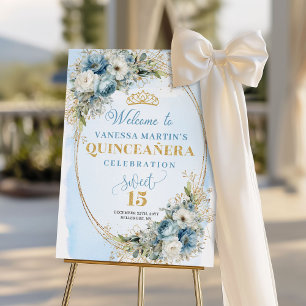 Sofisticado cartel bienvenida quinceañera azul y  foam board