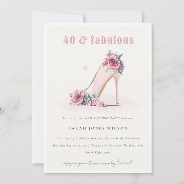 Soft 40 Fabulous Blush High Heels Floral Birthday Invitation (Front)