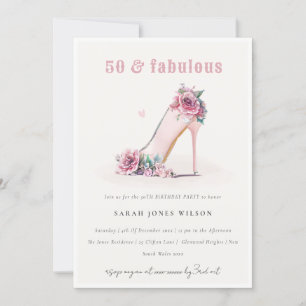 Soft 50 Fabulous Blush High Heels Floral Birthday Invitation