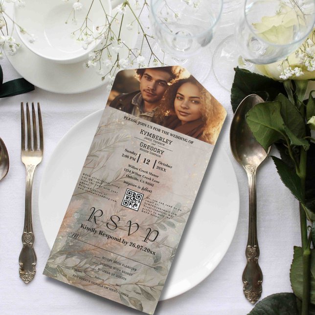 Soft Abstract Botanical Grey Green Minimal QR Code All In One Invitation (Creator Uploaded)