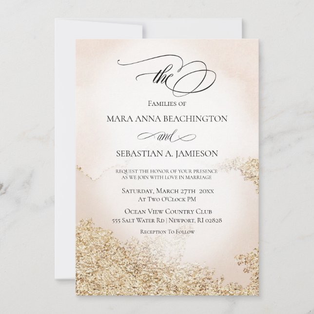 *~* Soft Abstract Watercolor Gold Blush Wedding Invitation (Front)