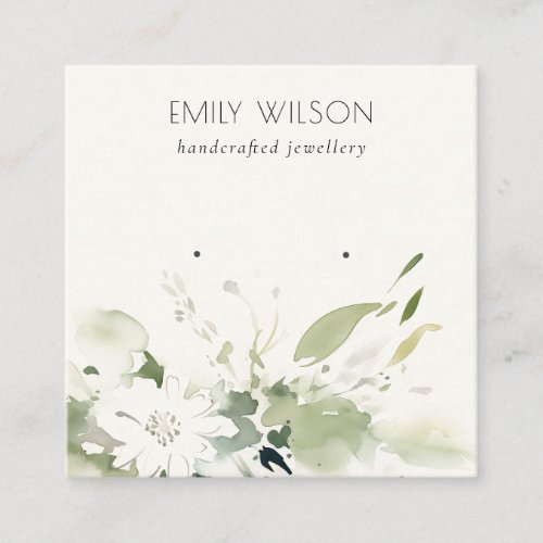 Soft Abstract White Green Floral Earring Display Square Business Card