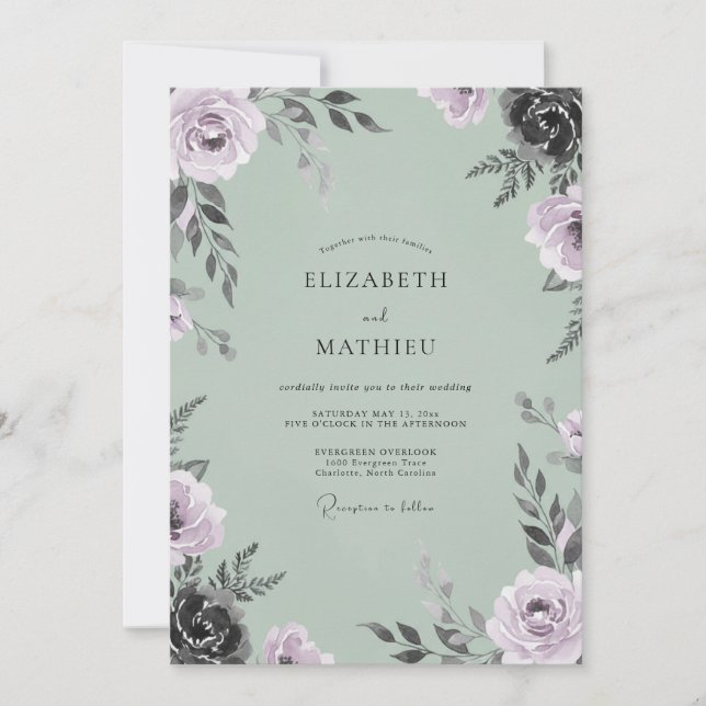 Soft Amethyst Mint Leafy Wedding Invitation (Front)