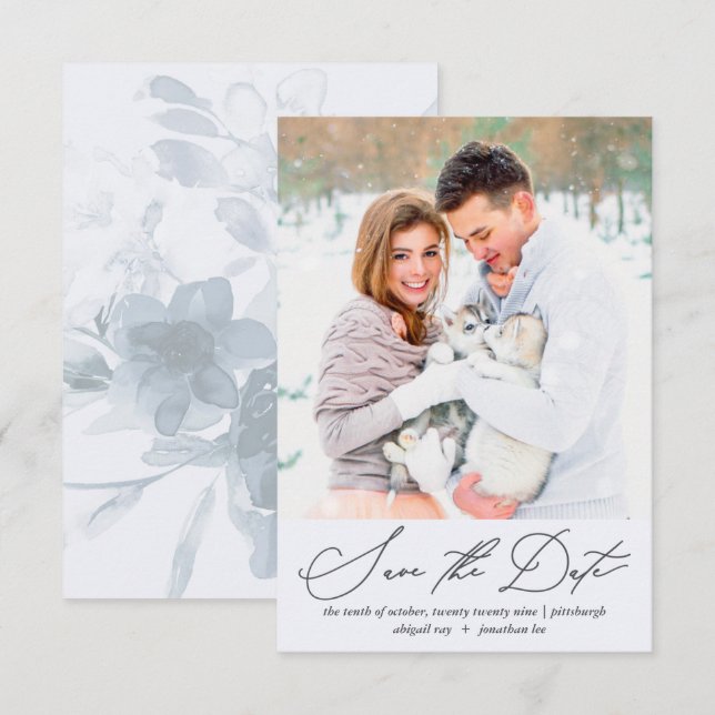 Soft and Airy Floral Blue Photo Wedding Sav Save The Date (Front/Back)