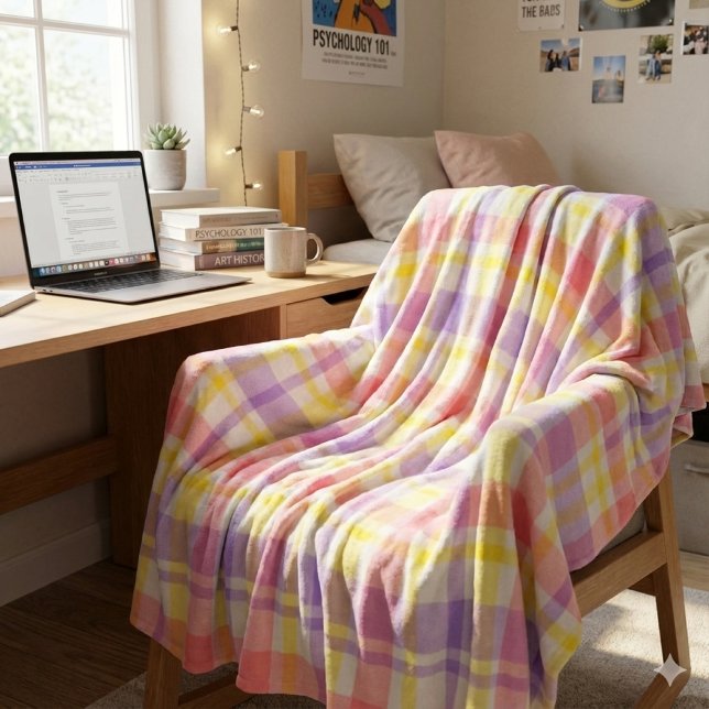 Soft and Cozy Pastel Plaid Pink Lavender Yellow Fleece Blanket (Soft fleece comfort meets pastel charm—your cozy dorm essential for study, sleep, and style.)