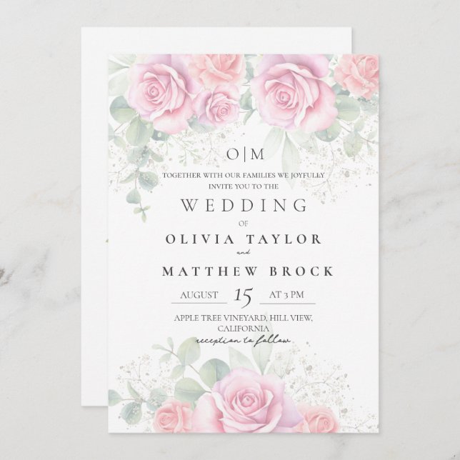 Soft and Elegant Blush Pink Roses Wedding Invitation (Front/Back)