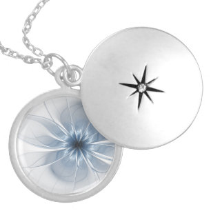 Soft and tenderness blue fractal fantasy flower locket necklace