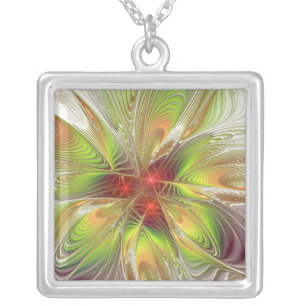 Soft and tenderness fractal fantasy flowers silver plated necklace