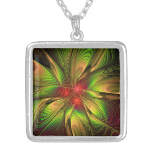 Soft and tenderness fractal fantasy flowers silver plated necklace