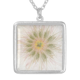 Soft and tenderness fractal fantasy flowers silver plated necklace
