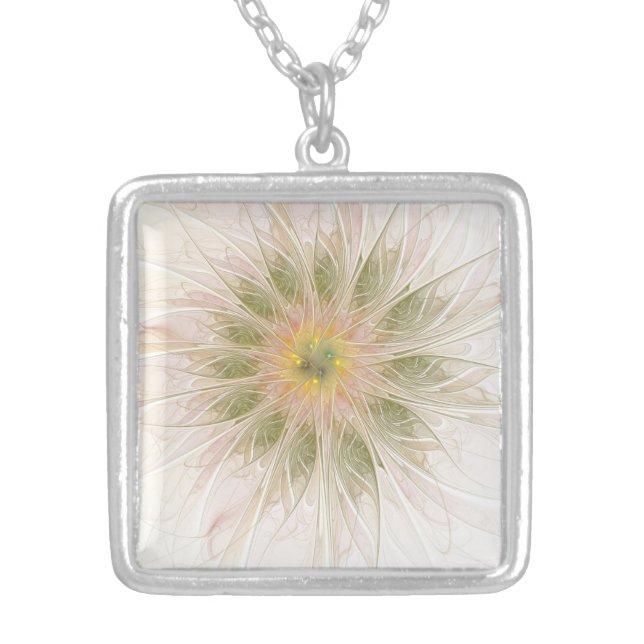 Soft and tenderness fractal fantasy flowers silver plated necklace (Front)