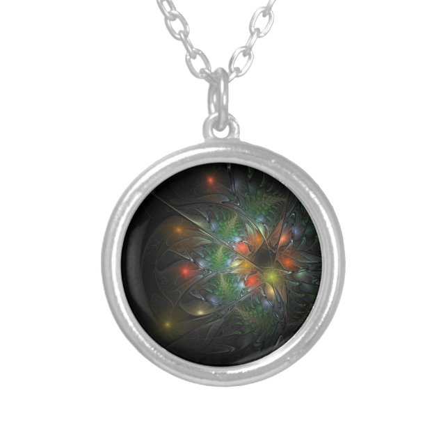 Soft and tenderness fractal fantasy flowers  silver plated necklace (Front)