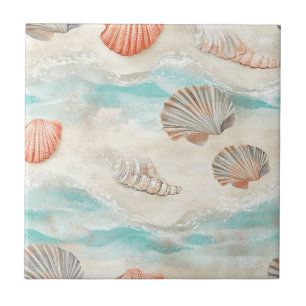 Soft Aqua and Coral Seashells with Starfish Detail Ceramic Tile