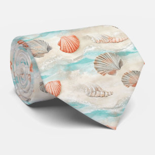 Soft Aqua and Coral Seashells with Starfish Detail Neck Tie