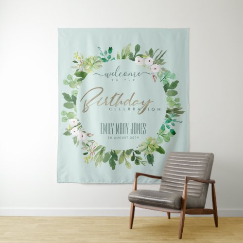 SOFT AQUA BLUE FOLIAGE WATERCOLOR BIRTHDAY WELCOME TAPESTRY