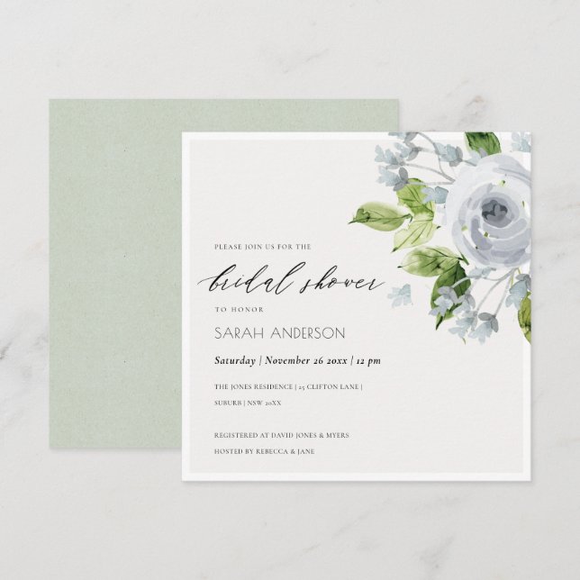 SOFT AQUA BLUE WATERCOLOUR FLORAL BRIDAL SHOWER INVITATION (Front/Back)
