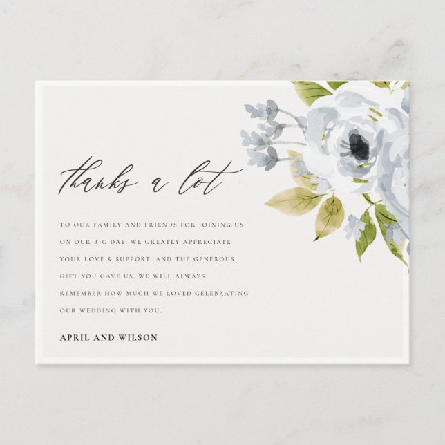 SOFT AQUA BLUE WATERCOLOUR FLORAL THANK YOU POSTCARD (Front)