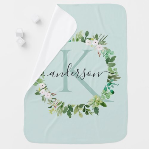 SOFT AQUA BLUE WREATH FOLIAGE WATERCOLOR MONOGRAM BABY BLANKET