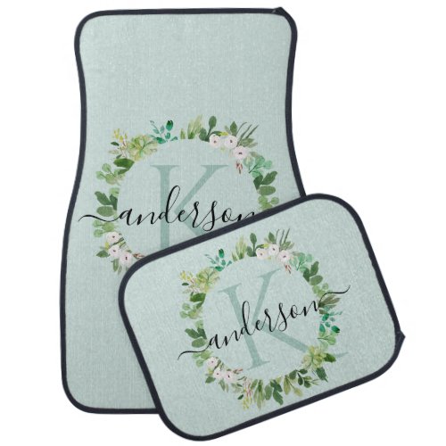 SOFT AQUA BLUE WREATH FOLIAGE WATERCOLOR MONOGRAM CAR FLOOR MAT