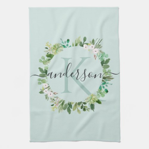 SOFT AQUA BLUE WREATH FOLIAGE WATERCOLOR MONOGRAM KITCHEN TOWEL